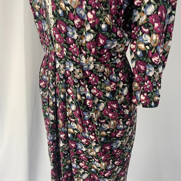 Vintage Midi Dress Size Medium Black Burgundy Floral Lace Cottage Garden 90s - Picture 6 of 16